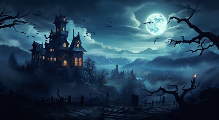 Digital art capturing a spooky mansion on a hilltop overlooking a village on Halloween night
