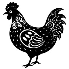 Decorative hen black and white silhouette vector illustration