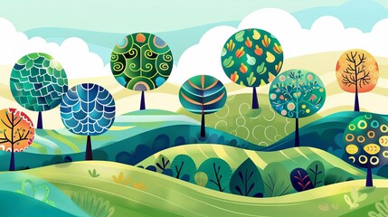 National Tree Planting Day Hilly landscape with trees  A vibrant illustration of a stylized landscape with rolling hills