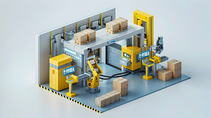 Mid Shot of 3D Flat Icon Packing Specialist with Boxes and Tape in Futuristic Packing Station, Efficient and Advanced Operations in Automated Environment on White Background