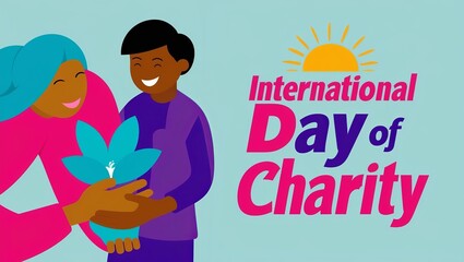 Naklejka premium Colorful illustration for International Day of Charity featuring two people holding a heart-shaped plant, symbolizing love and generosity.