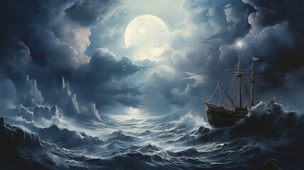 Obraz premium Tall Ship in a Storm at Sea with Ominous Skies illustration ~ Created using Generative AI