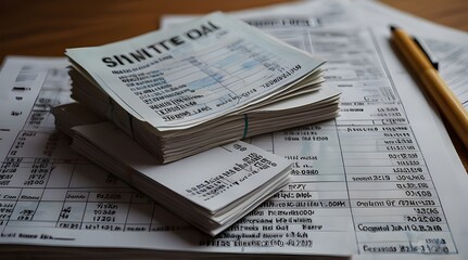 Naklejka premium A stack of bills and invoices with a payment schedule.generative.ai