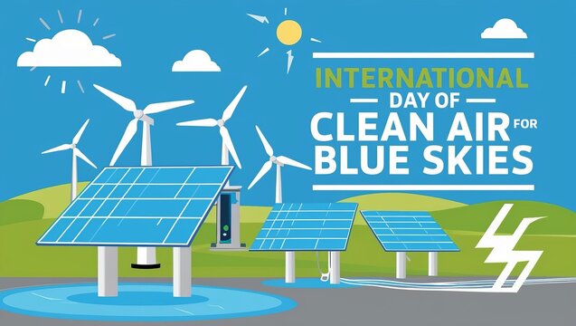 International Day of Clean Air for Blue Skies poster with wind turbines and solar panels, highlighting renewable energy use.