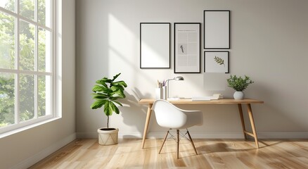 3D rendering of an interior design for a modern home office with a wooden desk and white chair near a window in a minimalistic style