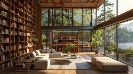 3d rendering of beautiful modern interior design, cozy wooden living room with floor to ceiling windows and bookshelves, lake view outside the window