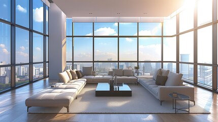A large living room with floor-to-ceiling windows overlooking the city, a comfortable sofa and coffee table, and modern style decoration