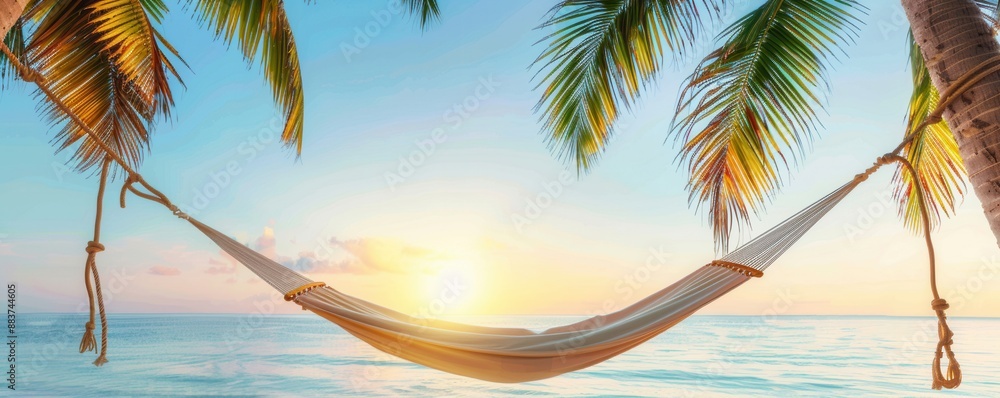 Sticker Hammock Between Palm Trees on a Tropical Beach at Sunset.