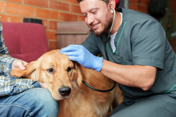 A vet is petting a dog while wearing a stethoscope