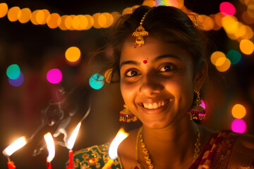 Portrait of a Indian girl at the Diwali festival. Young indian woman wearing traditional festive decorations. Diwali Celebration. Deepavali. Indian festival of lights. Lots of bright golden lights.