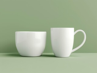 Minimalist white porcelain cups against a muted green background.