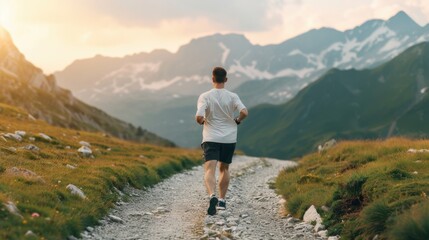 Obraz premium Man Jogging on Scenic Mountain Trail