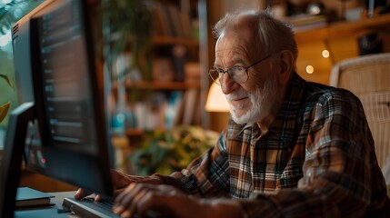 Obraz premium Mature man with computer smiling.