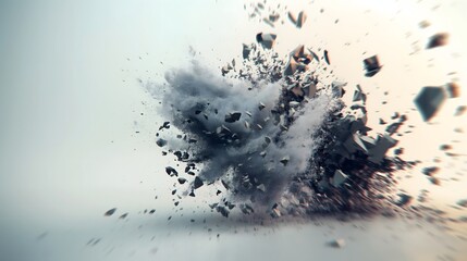 1. **Prompt:** A dynamic 3D render of an abstract shape in the midst of a burst or explosion. The shape is breaking apart into fragments with a sense of motion and energy, creating a visually