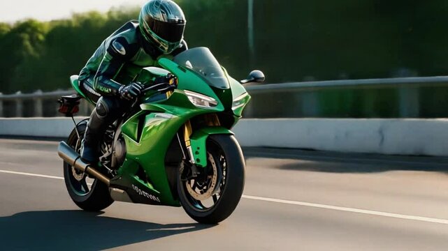 A rider is riding a superbike at a fast speed on a lap road