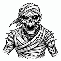 Monochromatic Illustration of a Grinning Mummy Skeleton with Bandages Against White Background