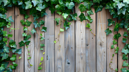 rough wooden fence with half side covered with green leaves