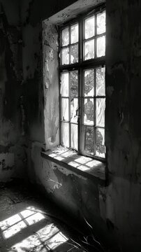 The window shadows seem haunting against the abandoned buildings walls a glimpse into the past. Black and white art