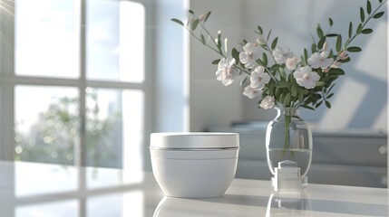 Fototapeta premium Blank Label Face Cream Jar: An elegant face cream jar with no label on a vanity table. 