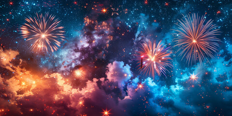 Naklejka premium 夜空に輝く花火の背景イラスト
