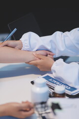 Doctor working in the office and listening to the patient, she is explaining her symptoms, healtcare and assistance concept