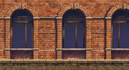 Fototapeta premium A brick wall featuring arches and windows, adding architectural interest to a platformer game's background 