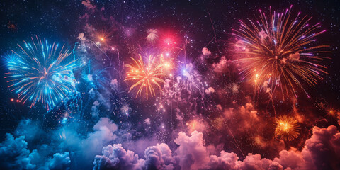 Fototapeta premium 夜空に輝く花火の背景イラスト