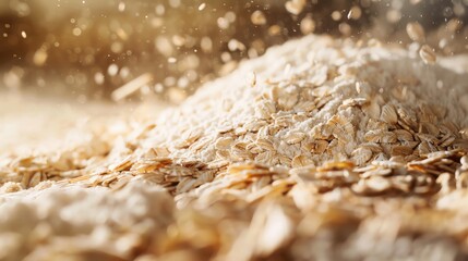 Create a semi close-up of oats being milled into flour, captured with a professional DSLR camera, focusing on the process and the fine texture of the flour with ample copy space.