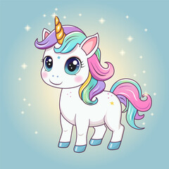 A cute unicorn. A hand-drawn pony with a golden horn. The magic horse. It can be used for printing, textiles, web design. Vector illustration