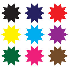 Different color  of starburst set icon. Red, yellow, black blue purple, brown starburst icon.