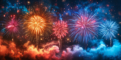 Naklejka premium 夜空に輝く花火の背景イラスト
