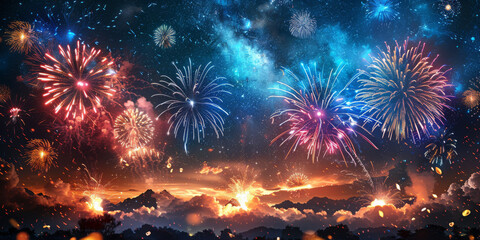 夜空に輝く花火の背景イラスト