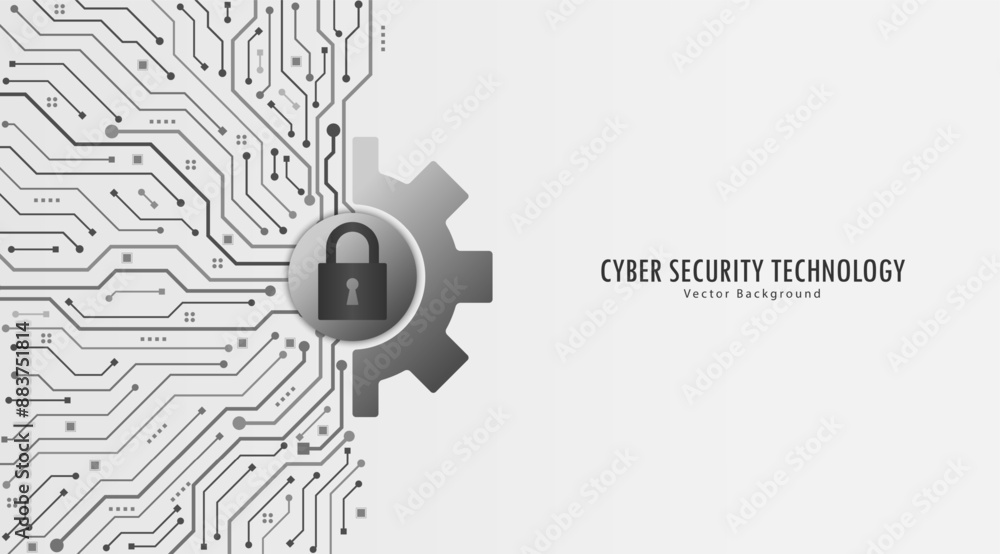 Poster Padlock and gear on circuit board. Secure service technology. Cyber security concept abstract background. Technology data protection system and safety information personal. Vector illustration.