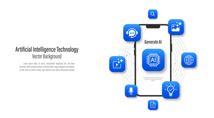 Generative AI concept. Tools for Generated icons on a smartphone. Generate prompt concept bar on the screen. Large data processing, database concept. Vector illustration for web and template.