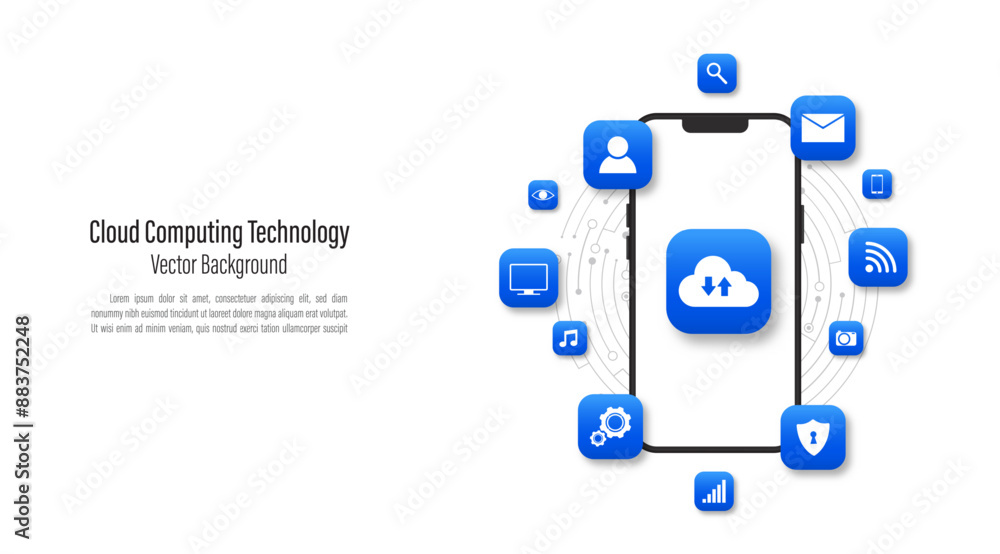 Aufkleber Cloud computing technology concept. Smartphone and icon cloud connection. Data transfer to server. Cloud service and storage concept. Vector illustration.