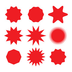 Set of red price sticker, sale or discount sticker, sunburst badges icon. Stars shape with different number of rays. Special offer price tag. Red starburst promotional badge set. Vector illustration.