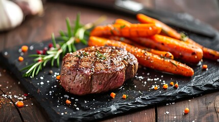 Carrots and steak sit on a black stone plate on a wooden desk