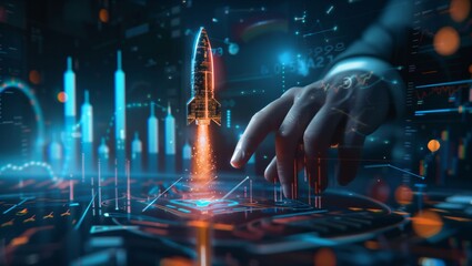 Futuristic Interface Shows Hand Launching a Digital Rocket Amidst Virtual Data Streams