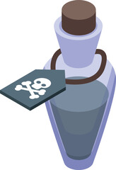 Glass flask containing a mysterious dark liquid, labeled with a skull and crossbones warning of its deadly nature