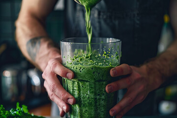 Man blending a green smoothie for breakfast