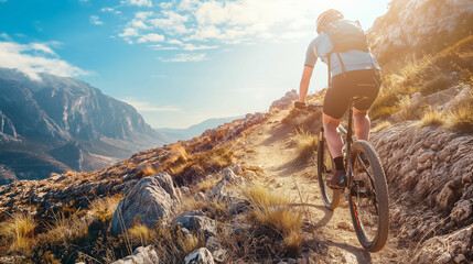 Cyclist on a mountain path, rough terrain