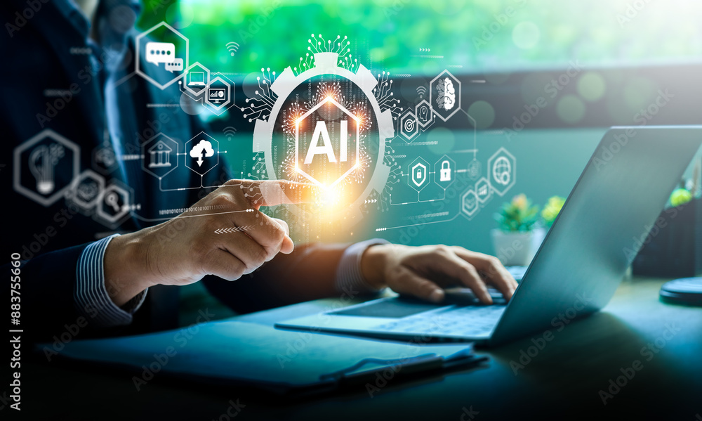 Aufkleber businessman interacting with ai technology interface on laptop, illustrating artificial intelligence