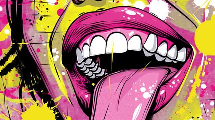 Vibrant Pop Art Illustration of Pink Lips with Expressive Brush Strokes and Colorful Splashes