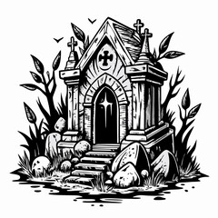 Gothic Cemetery Mausoleum with Crosses and Gravestones in a Haunted Landscape