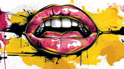 Vibrant Pop Art Illustration of Pink Lips with Expressive Brush Strokes and Colorful Splashes