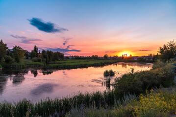 Sunset View Over Pond in Summer in Blackfalds, Alberta