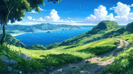 Naklejka premium Scenic coastal landscape with rolling green hills and calm blue sea