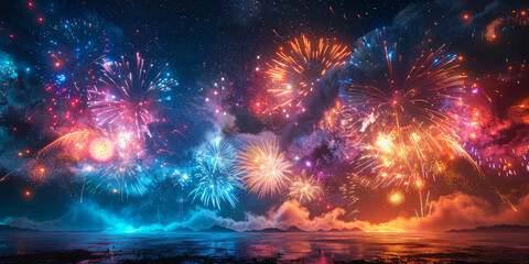 夜空に輝く花火の背景イラスト