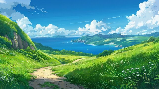 Scenic coastal landscape with rolling green hills and a peaceful blue ocean