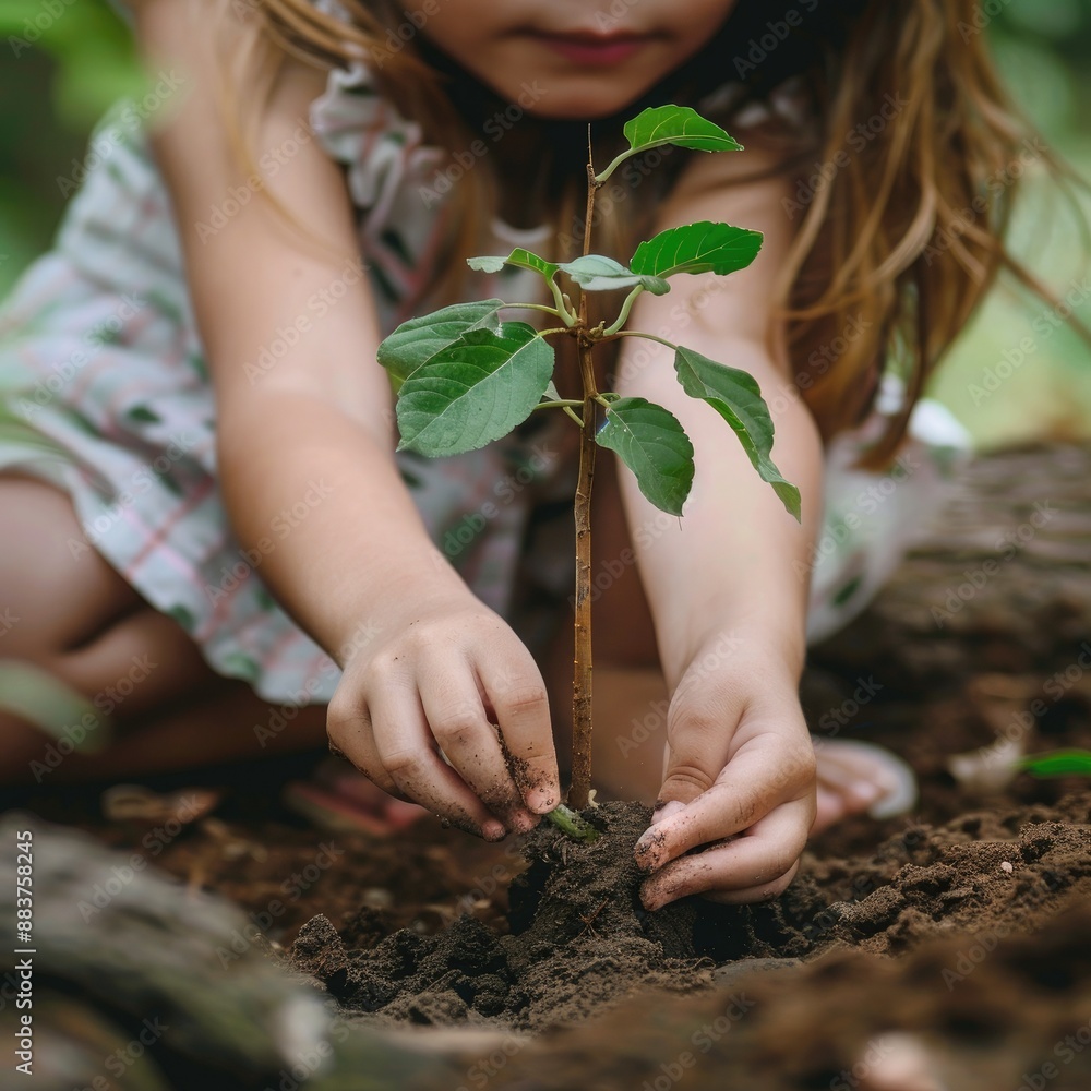 Poster a close-up of a girl's hands gently holding a small tree sapling, ready for planting in rich soil.